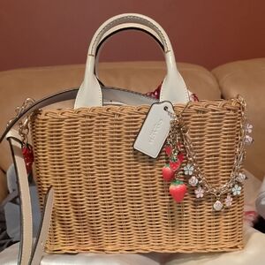 Coach Straw Tote with White Leather Trim and Strawberry Charm Chain